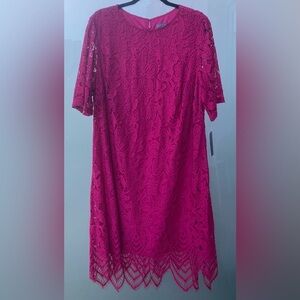 SHARAGANO Sz 16W Lace Overlay Lined Short Sleeve Round Neck Dress NEW WITH TAGS